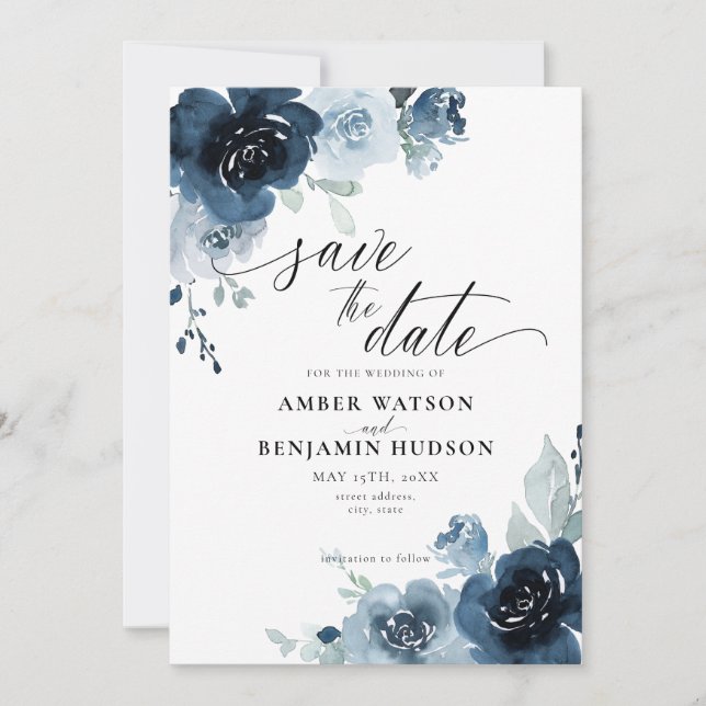 Dusty Blue Pastel Navy Flower Floral Save The Date Invitation (Front)