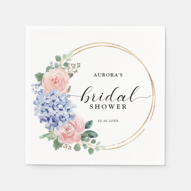 Dusty Blue Pastel Pink hydrangeas Bridal Shower Napkin (Front)