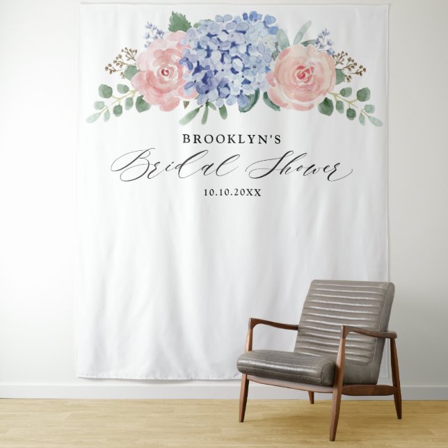 Dusty Blue Pastel Pink hydrangeas Bridal Shower Tapestry (In Situ)