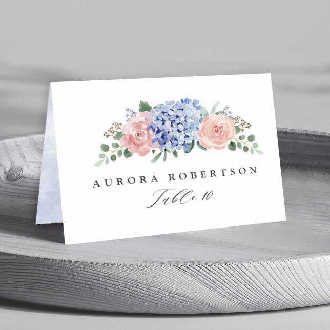 Dusty Blue Pastel Pink hydrangeas Guest Name Table Number (Dusty blue pink floral botanical wedding guest name personalized place card)