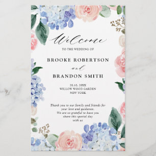 Dusty Blue Pastel Pink hydrangeas Wedding Program
