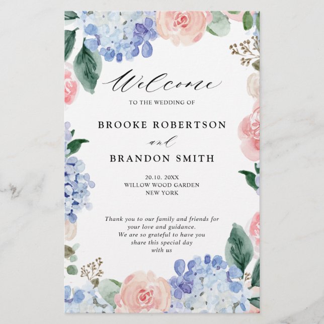 Dusty Blue Pastel Pink hydrangeas Wedding Program (Front)