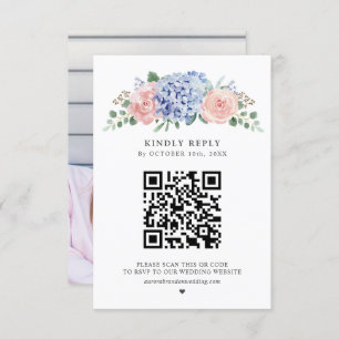 Dusty Blue Pastel Pink hydrangeas Wedding QR Code RSVP Card