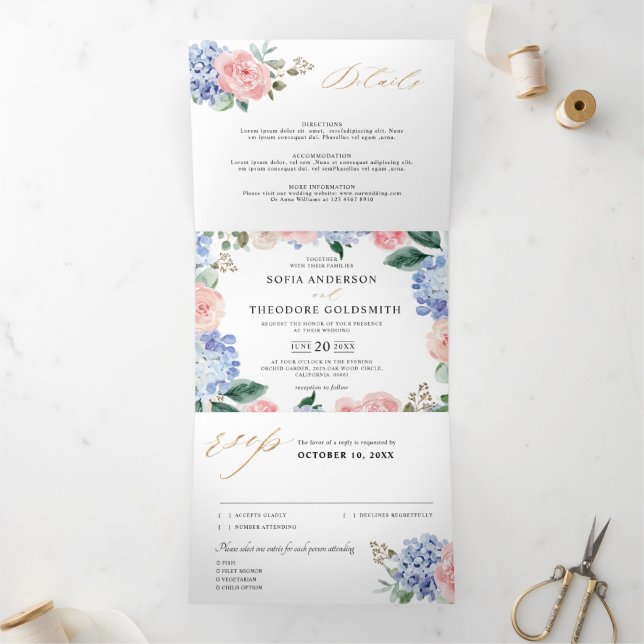 Dusty Blue Pastel Pink hydrangeas Wedding Tri-Fold (Inside)