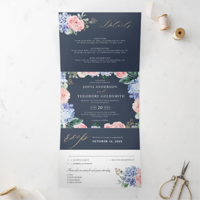 Dusty Blue Pastel Pink hydrangeas Wedding Tri-Fold (Inside)