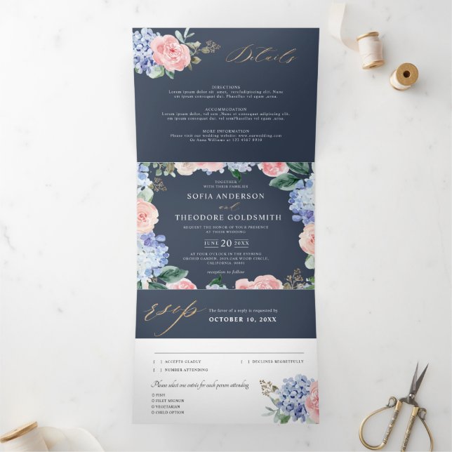 Dusty Blue Pastel Pink hydrangeas Wedding Tri-Fold Announcement (Inside)