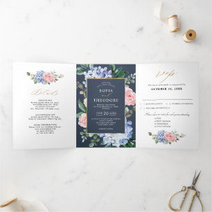 Dusty Blue Pastel Pink hydrangeas Wedding  Tri-Fold Announcement