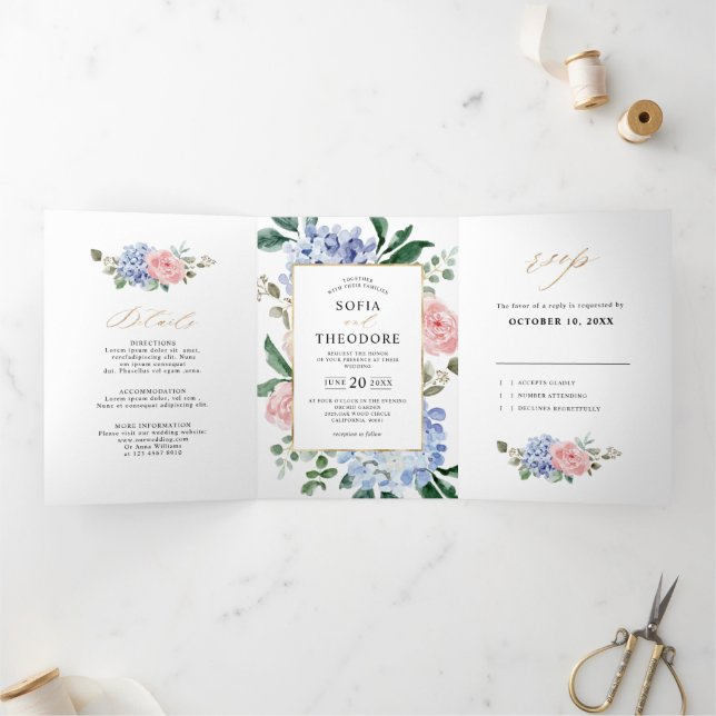 Dusty Blue Pastel Pink hydrangeas Wedding Tri-Fold Announcement (Inside)