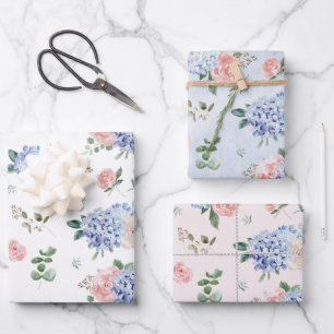 Dusty Blue Pastel Pink hydrangeas Wedding Wrapping Paper Sheet