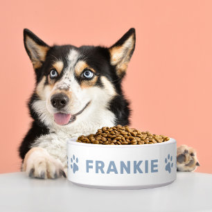 Dusty Blue Paw Print Monogram Pet Name Bowl