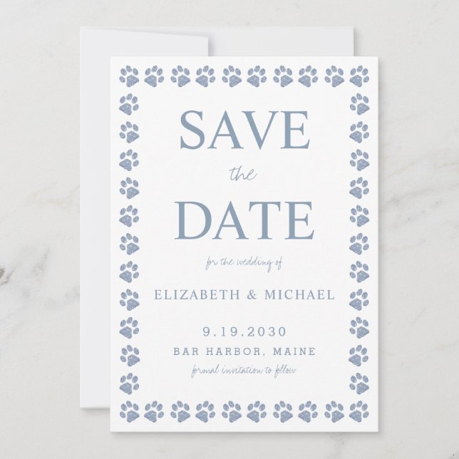 Dusty Blue Paw Prints Wedding Save The Date Invitation (Front)