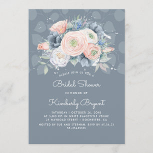 Dusty Blue Peach and Pink Floral Bridal Shower Invitation