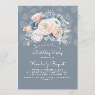 Dusty Blue Peach and Rose Floral Birthday Party Invitation