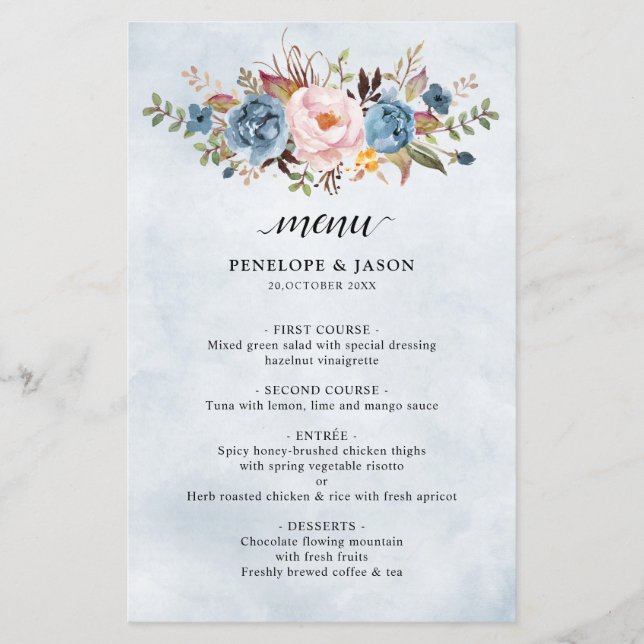 Dusty Blue Peach Blush Botanical Boho Wedding Menu (Front)