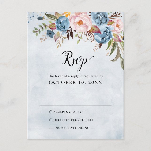 Dusty Blue Peach Blush Botanical Boho Wedding RSVP Postcard (Front)