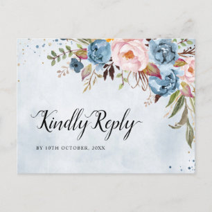 Dusty Blue Peach Blush Botanical Boho Wedding RSVP Postcard
