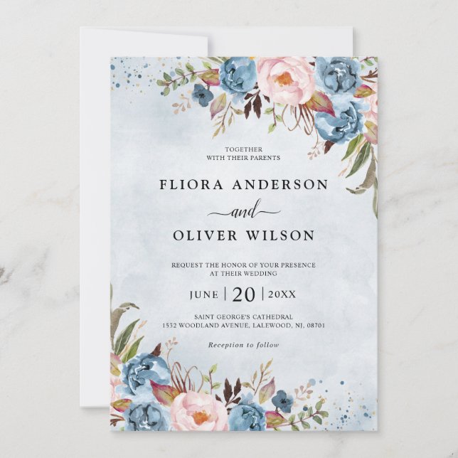 Dusty Blue Peach Blush Botanical Floral Wedding In Invitation (Front)