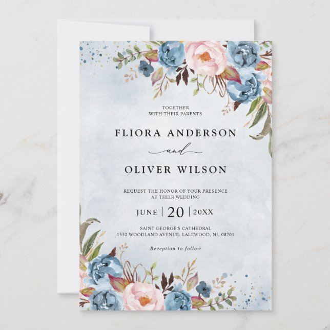 Dusty Blue Peach Blush Botanical Floral Wedding Invitation (Front)