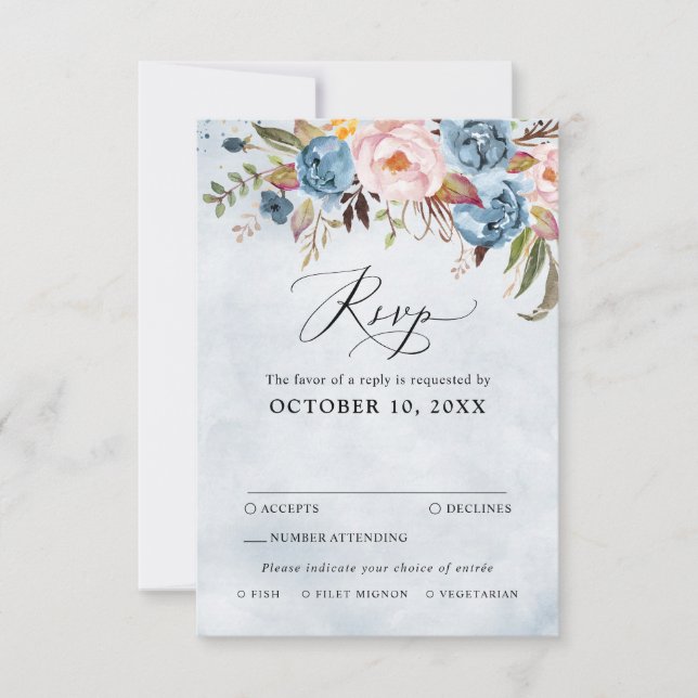 Dusty Blue Peach Blush Botanical Floral Wedding RS RSVP Card (Front)