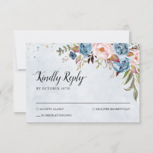 Dusty Blue Peach Blush Botanical Floral Wedding RSVP Card