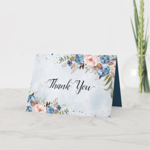 Dusty Blue Peach Blush Botanical Floral Wedding Th Thank You Card