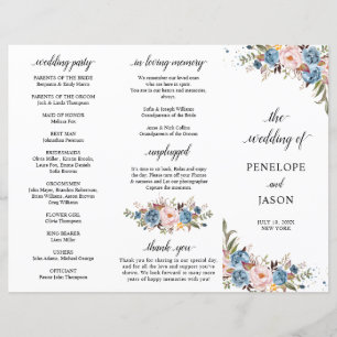 Dusty Blue Peach Blush Botanical Wedding program