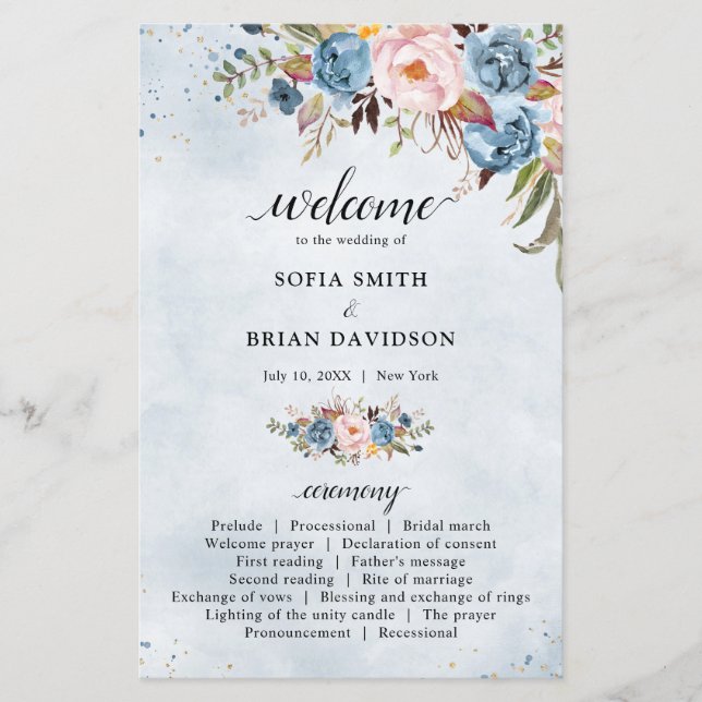 Dusty Blue Peach Blush Botanical  Wedding program  (Front)