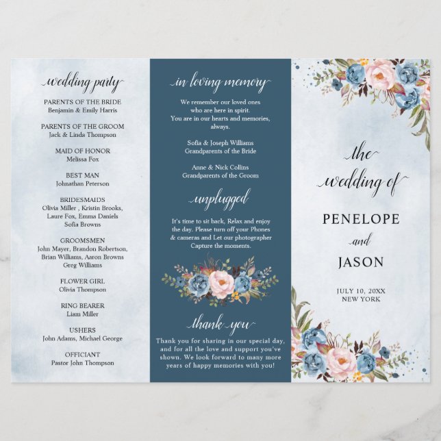 Dusty Blue Peach Blush Botanical Wedding program (Front)