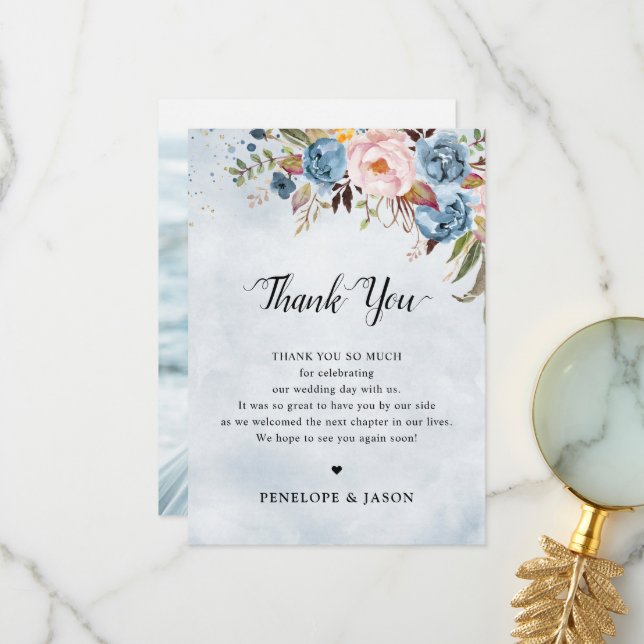  Dusty Blue Peach Blush Floral Botanical Wedding Thank You Card (Front/Back In Situ)