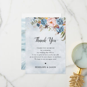 Dusty Blue Peach Blush Floral Botanical Wedding Thank You Card