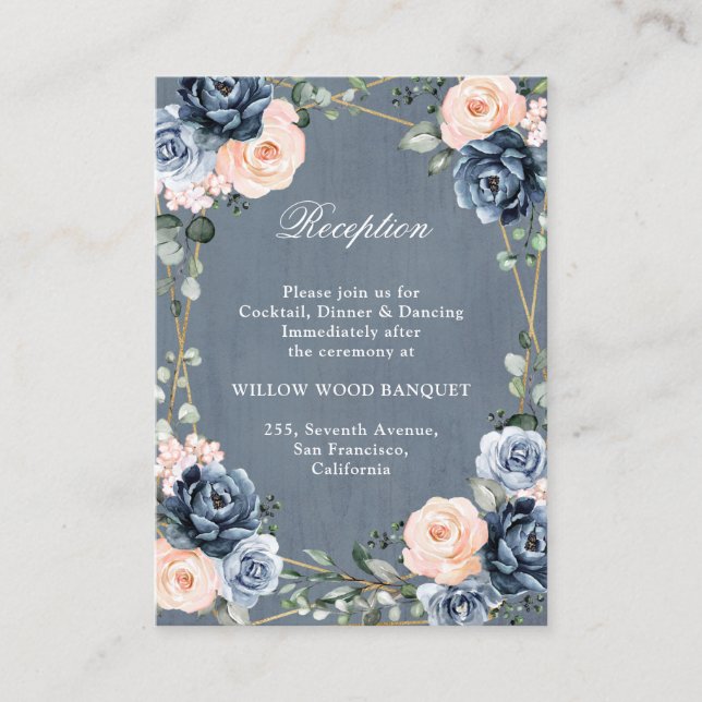 Dusty Blue Peach Blush Geometric Floral Reception Enclosure Card (Front)