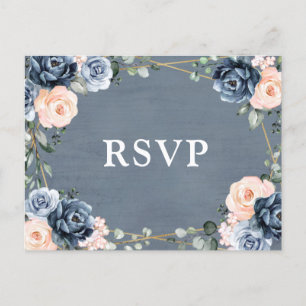 Dusty Blue Peach Blush Geometric Floral RSVP Postcard