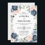 Dusty Blue Peach Blush Geometric Floral Wedding In Invitation<br><div class="desc">Dusty blue floral geometric wedding Invitation featuring elegant bouquets of navy / Dusty blue,  white ,  blush ,  peach rose and sage green eucalyptus leaves and elegant glitter geometric neutral frame. Please contact me for any help in customisation or if you need any other product with this design.</div>