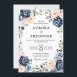 Dusty Blue Peach Blush Geometric Floral Wedding In Invitation<br><div class="desc">Dusty blue floral geometric wedding Invitation featuring elegant bouquets of navy / Dusty blue,  white ,  blush ,  peach rose and sage green eucalyptus leaves and elegant glitter geometric neutral frame. Please contact me for any help in customisation or if you need any other product with this design.</div>