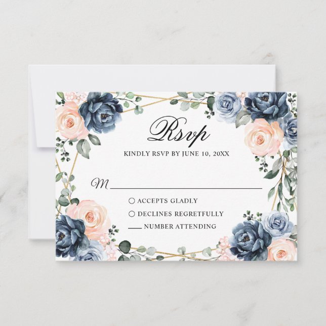 Dusty Blue Peach Blush Geometric Floral Wedding RS RSVP Card (Front)