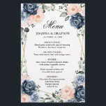Dusty Blue Peach Blush Geometric Wedding Menu<br><div class="desc">Dusty blue floral geometric wedding menu featuring elegant bouquets of navy / Dusty blue,  white ,  blush ,  peach rose and sage green eucalyptus leaves and elegant glitter geometric neutral frame. Please contact me for any help in customisation or if you need any other product with this design.</div>