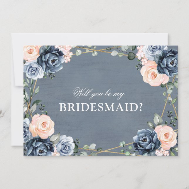 Dusty Blue Peach Blush Will You Be My Bridesmaid Invitation (Front)