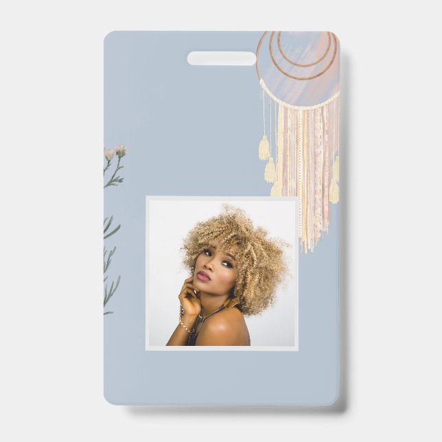 Dusty Blue Peach Boho Dream Catcher ID Badge (Front)