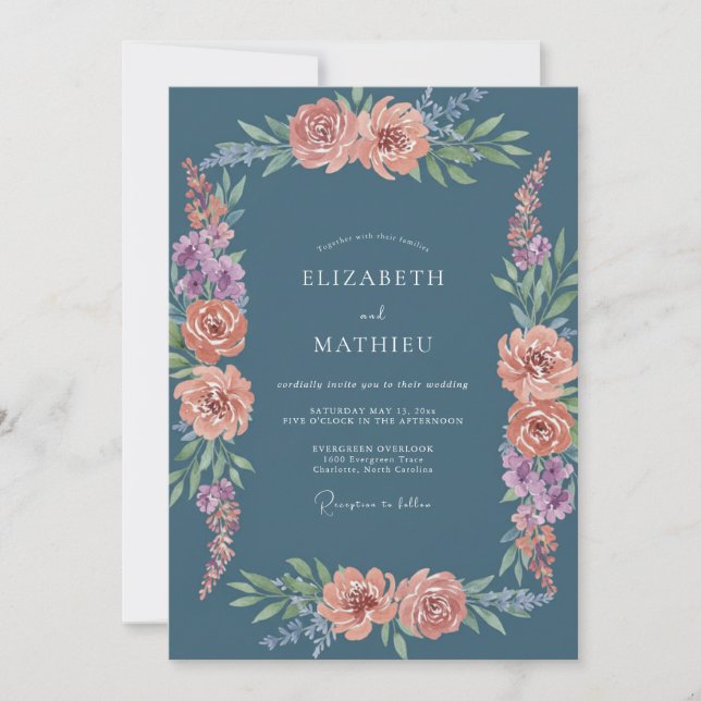 Dusty Blue Peach Botanical Wedding Invitation (Front)