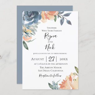 Dusty Blue Peach Botanical Wedding Invitation