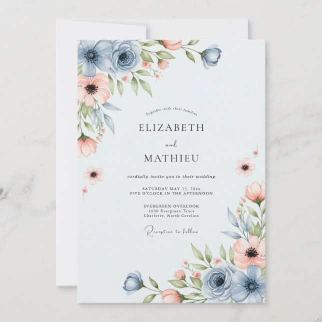Dusty Blue Peach Breezy Spring Wedding Invitation (Front)