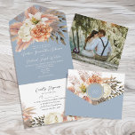 Dusty Blue Peach Floral All-in-One Invite<br><div class="desc">Announce your wedding in style with this elegant all-in-one invitation featuring a romantic blend of watercolor peach florals and dusty blue foliage. Includes tear-off RSVP postcard and envelope design with monogram. Personalise easily with your details and add a photo for a personal touch. For assistance, email bpkolman@gmail.com. Please note: This...</div>