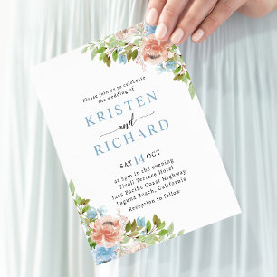 Dusty Blue Peach Floral Greenery Wedding Invitation