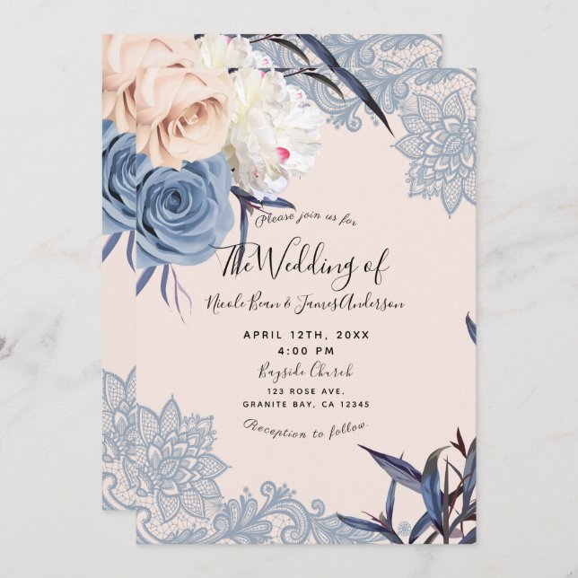 Dusty Blue & Peach Floral Lace Wedding Invitation (Front/Back)