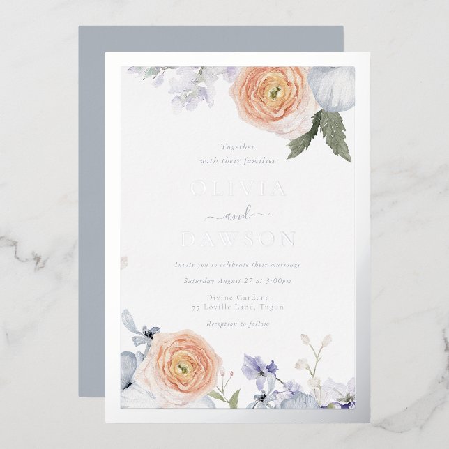 Dusty Blue & Peach Floral Silver Foil Wedding (Front/Back)