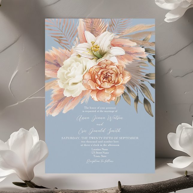 Dusty Blue Peach Floral Wedding Invitation (Creator Uploaded)