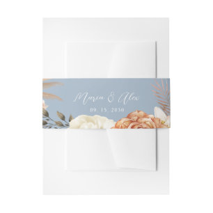 Dusty Blue Peach Floral Wedding Invitation Belly Band