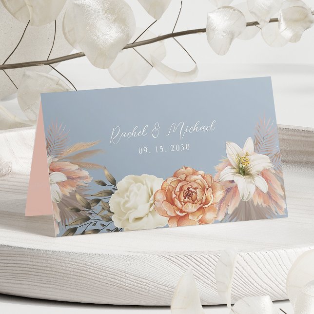 Dusty Blue Peach Floral Wedding Place Card (Creator Uploaded)
