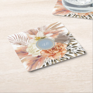 Dusty Blue Peach Floral Wedding Square Paper Coaster