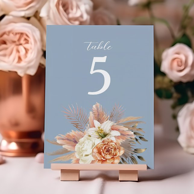 Dusty Blue Peach Floral Wedding Table Number (Creator Uploaded)